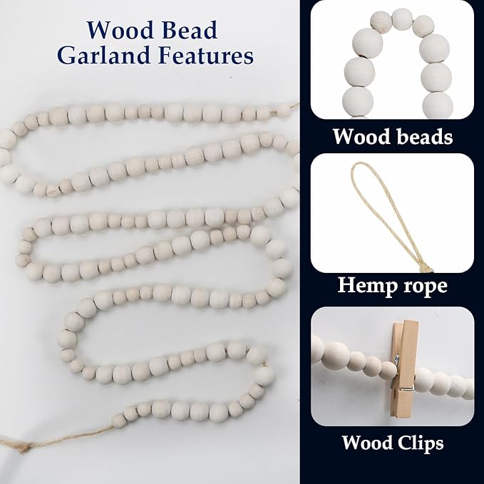 Hanging Photo Display Wall Decor with 30 Wood Clips, 67 Inches Boho Wooden Bead Garland Collage Picture Frame Photos String DIY, Photo Hanger for Bedroom Office Dorm Room Decor Gifts(2PCS)