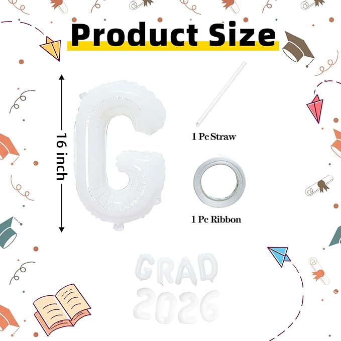 White GRAD 2026 Banner Balloons, 16 Inch Mylar Foil letter Graduation Balloons - Image 2