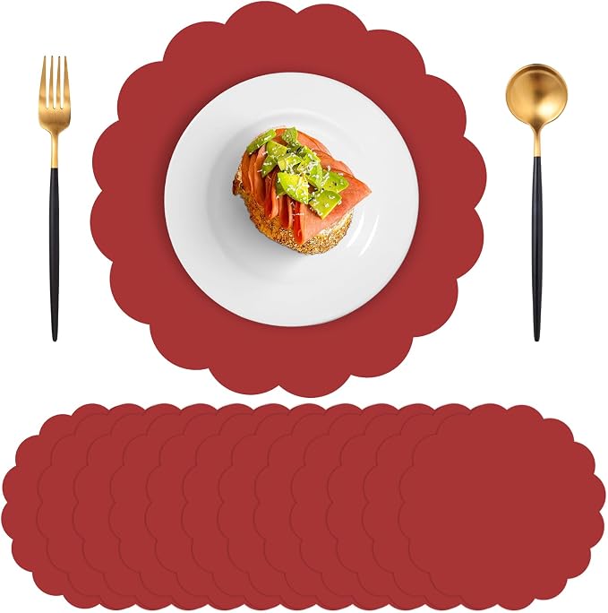 60 Pcs Red Paper Placemats, 13.5 Inch Disposable Scalloped Table Mats | Thick by NatNarr