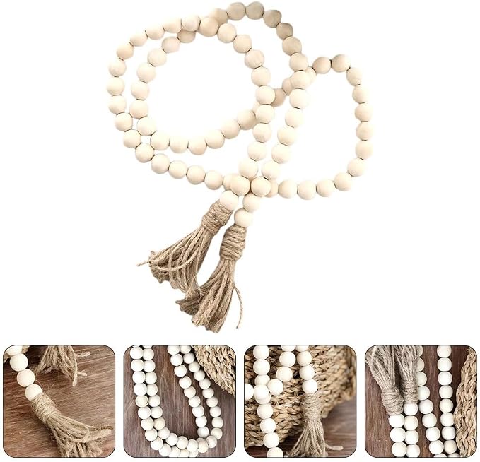 IMIKEYA Wood Bead Garland with Tassels 57In Natural Rustic Farmhouse Decor - Image 8