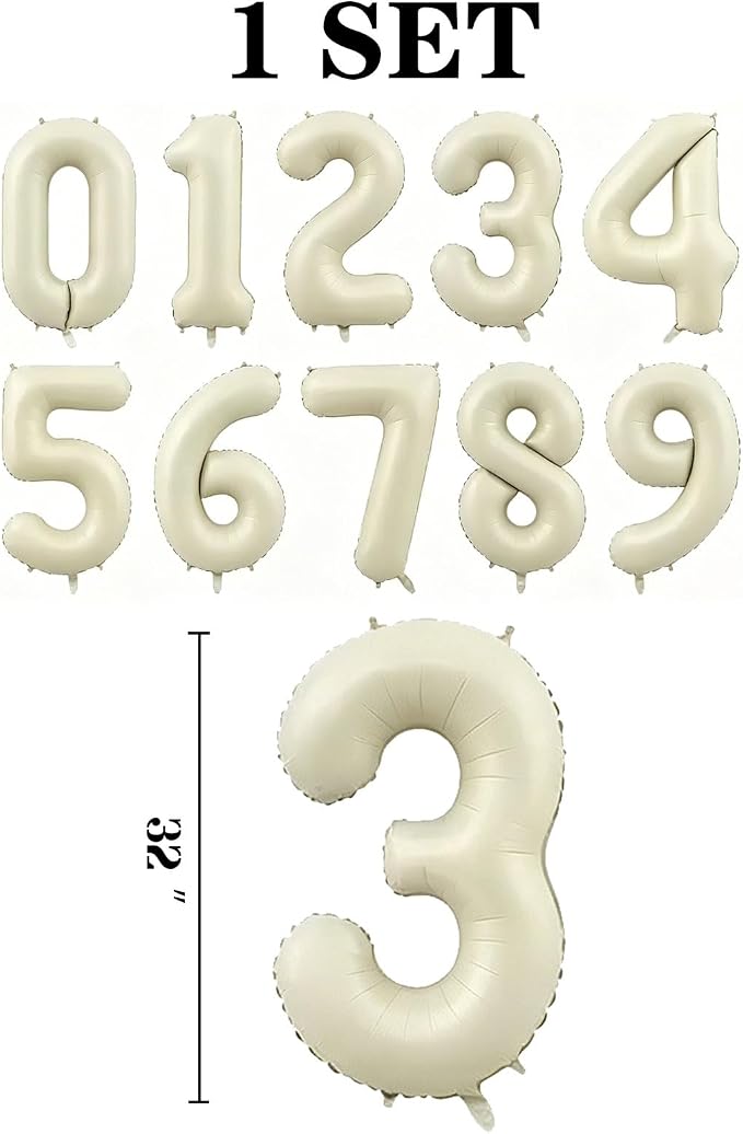 10 Pcs Number Balloons 32 Inch Cream White 0-9 Number Mylar Foil Balloons Cream - Image 2