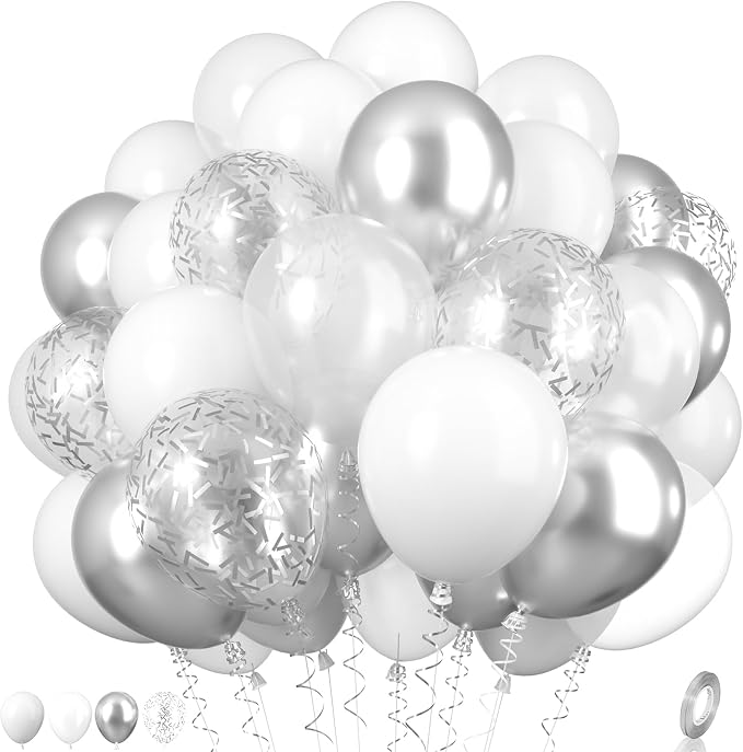 White and Silver Balloons, Metallic Silver and White Balloons Pearl White by Paready