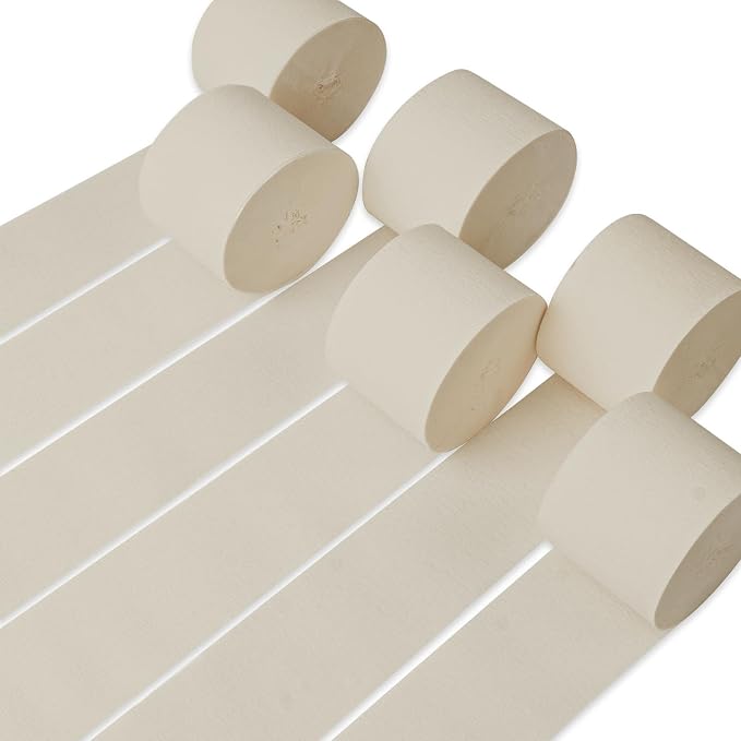PartyWoo White Beige Sand Off White Crepe Paper Streamers 6 Rolls 492 FT | by PartyWoo
