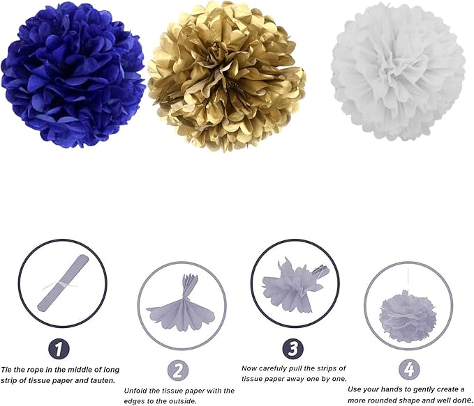 We Moment Navy Blue Gold White Paper Pom Poms Decorations - Image 3