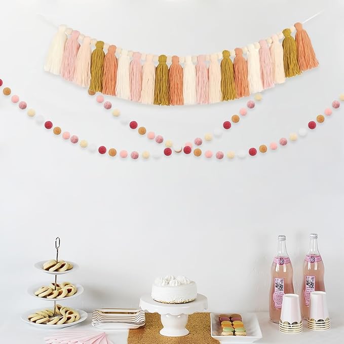 Yellow Pink Tassel Garland, Pom Pom Garland, Kids Room, Baby Shower, Birthday - Image 5