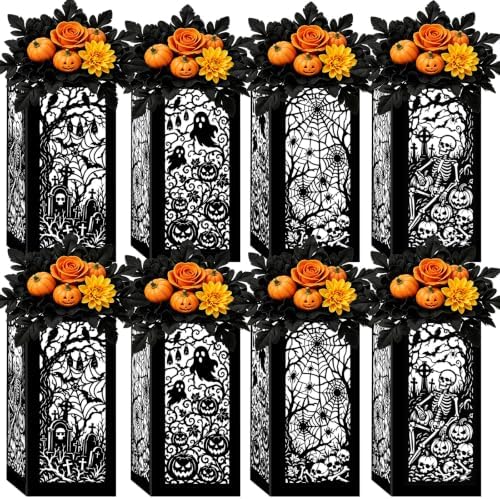 8 Pcs Halloween Table Centerpieces Floral Vase Boxes Spooky Silhouette Cutout Paper Lantern Spider Web Ghost Goodie Candy Boxes for Indoor Table Decor, Party Supplies 5x5x9.5in by Urlax