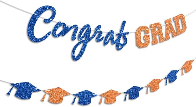 Prestrung Congrats Grad Banner Orange and Blue Graduation Banner - Image 2