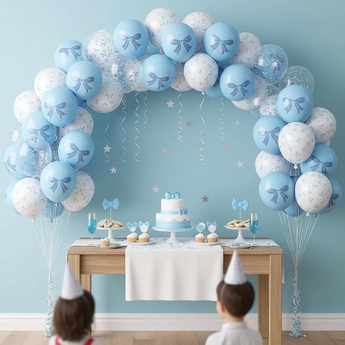 Blue and White Balloons Set, 12 Inch Light Baby Blue White Clear Bow Latex - Image 8