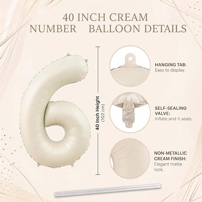 Cream Number 6 Balloon 40 Inch, Foil Numeral - Image 4