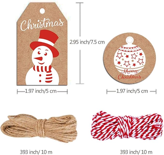 100 Pack Brown Kraft Paper Christmas Gift Tags， Xmas Brown Kraft Gift Tags with Jute Twine Baker Twine for DIY Xmas Holiday Present Wrap Stamp and Label Package Name Card