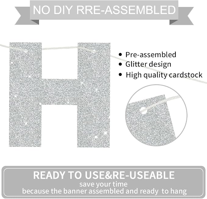 BEISHIDA Pre-Strung Glitter Silver Happy Birthday Banner Party Sign Decor | NO - Image 2