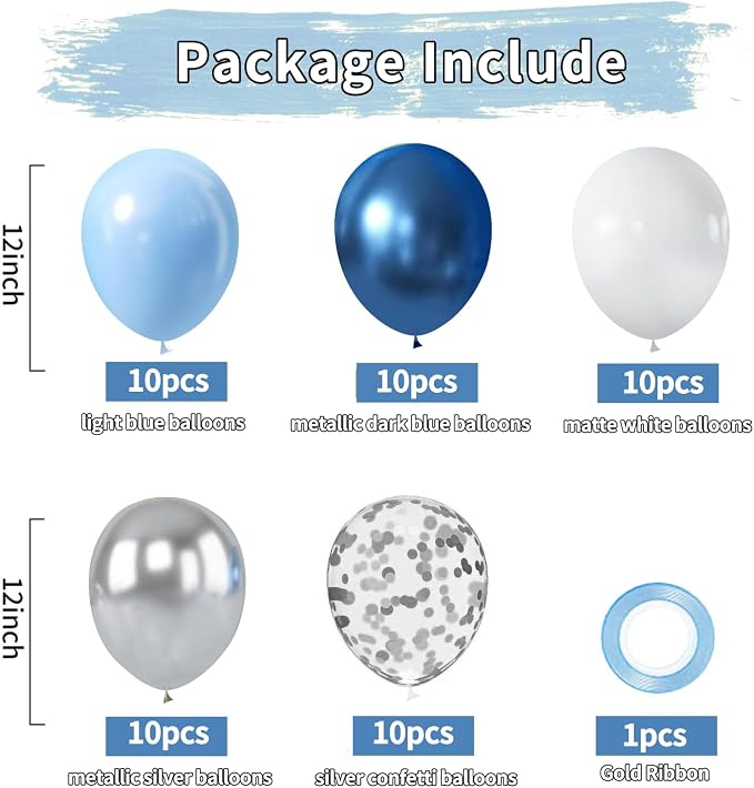 Zesliwy Blue White Silver Balloons Set, Party Decor | Metallic Dark Blue Sliver - Image 2
