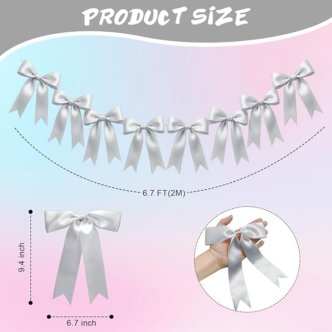 1 String of 8PCS Silver Bow Garland Banner Decoration, Pre-Strung Satin Ribbon - Image 2