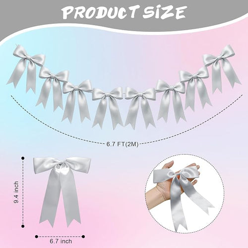 1 String of 8PCS Silver Bow Garland Banner Decoration, Pre-Strung Satin Ribbon - Image 2