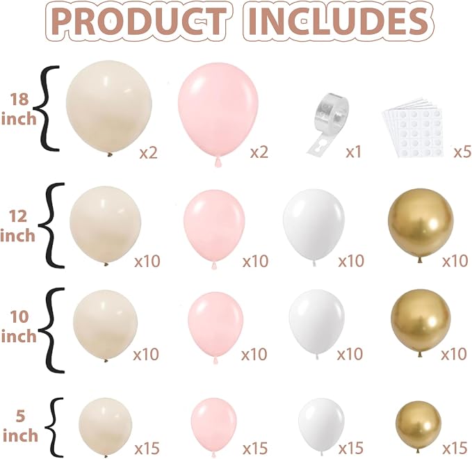 Pink Beige White Balloons Arch Kit, Sand White, Different Size | Latex Balloons - Image 2