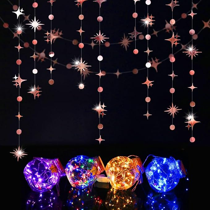 Glitter Rose Gold Star Circle Dot Garland 30 Feet Twinkle Rose Gold Star Circle - Image 4