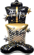 61" Black & Gold Gift Box Standing Happy Birthday Foil Balloon | giant black by RychifPartySupplies