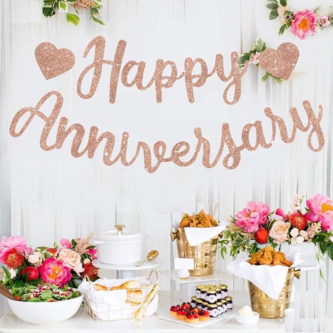 BEISHIDA Pre-Strung Rose Gold Happy Anniversary Banner Wedding Decor | Glitter - Image 4
