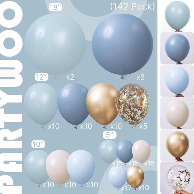 PartyWoo Dusty Blue Balloon Arch Kit 142pcs Light Blue Balloons | Baby White - Image 2