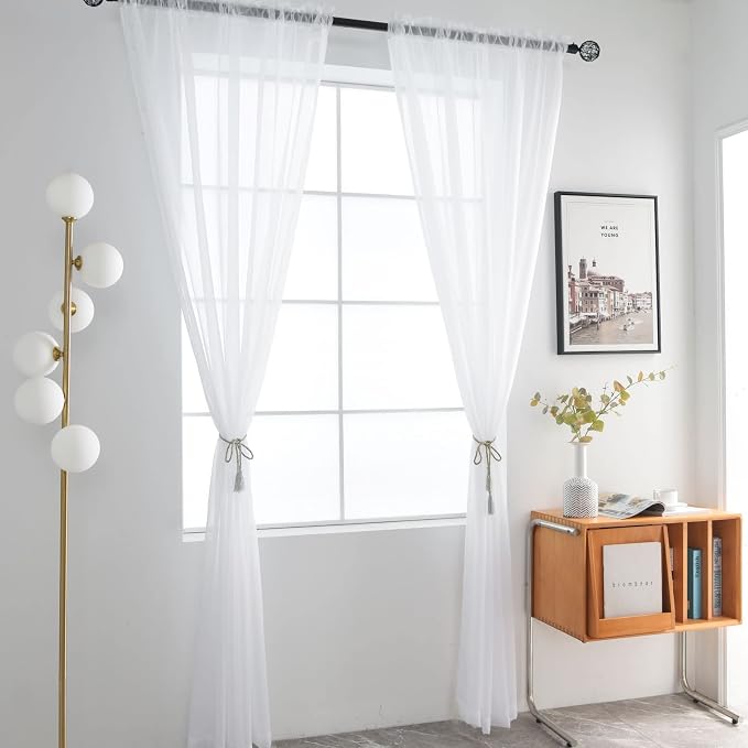 SpaceDresserWhite Kitchen Sheer Valance Curtains 36 Inch, Voile Sheer Cafe - Image 2