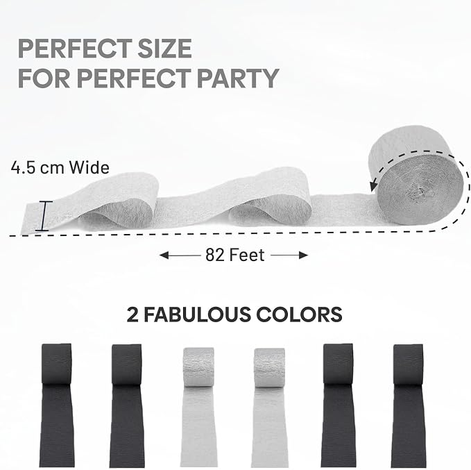 6 Silver Black Crepe Paper Streamers, 492ft Pack of Party Decorations | Each - Image 3