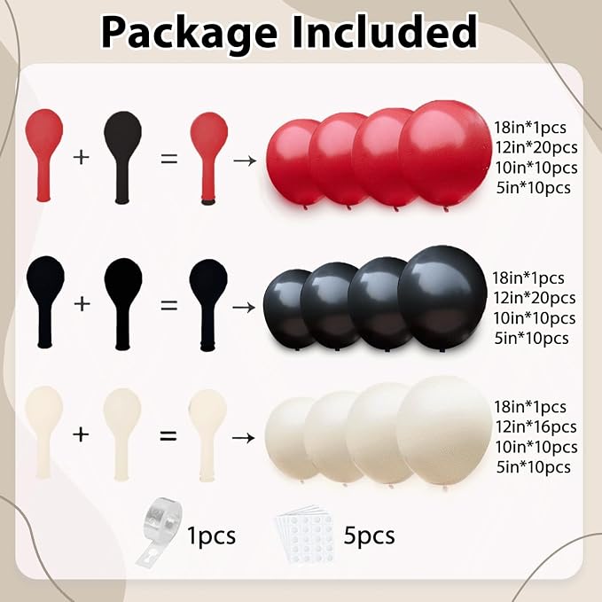 Red Black And White Balloons Garland Arch Kit, Double Stuffed Red Ivory White - Image 2