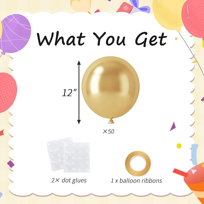 50pcs 12 Inch Metallic Gold Balloons | Chrome Gold Balloon Kit - Image 2