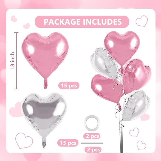 TONIFUL 30 Pcs Pink Silver Heart Balloons 18 Inch Heart Shape Foil Balloon | - Image 2