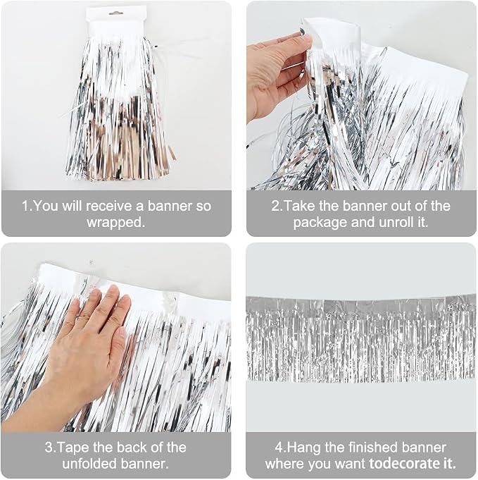 BEISHIDA Silver Fringe Garland Banner 3Pack 30ft Wall Tinsel Foil Streamers | - Image 3