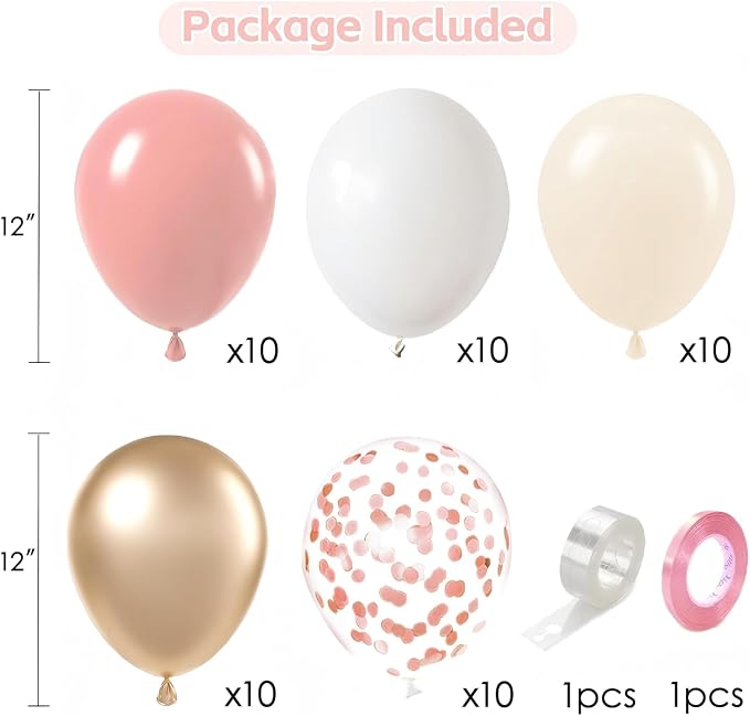 Retro Blush Pink Balloons, Light Pink White Beige Gold Confetti, Party | 50 Pcs - Image 2