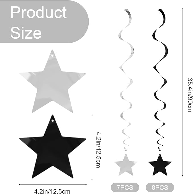 Silver Black Star Hanging Swirl Decorations Ceiling Swirl Foil Decoration - Image 2
