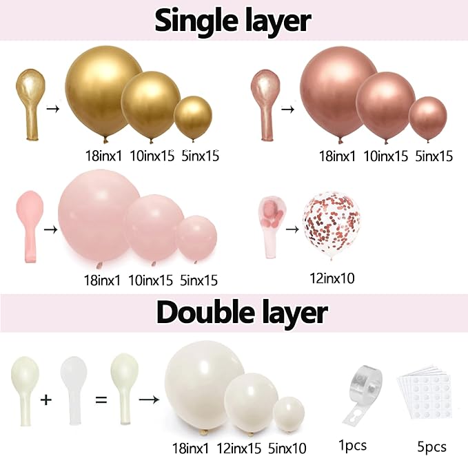 Rose Gold Pink Balloon Arch Kit, Pearl White, Different Size | Double Stuffed - Image 2