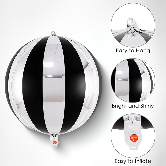 Black and Silver Striped Balloons, 22 Inch Metallic Round Foil Balloons - Image 5