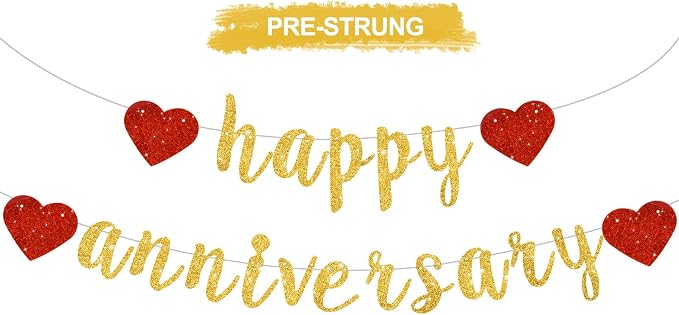 BEISHIDA Glitter Pre-Strung Gold Happy Anniversary Banner Decoration | NO DIY by Beishida