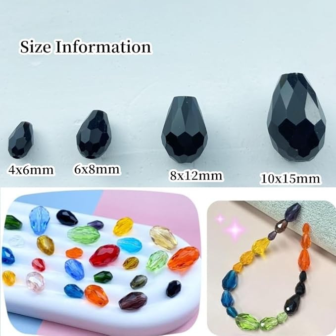 50pcs 10x15mm Teardrop Crystal Glass Beads Vertical Hole Faceted Glass Teardrop Spacer Beads for Bracelets Necklace Earring DIY Jewelry Making Craft(Black)