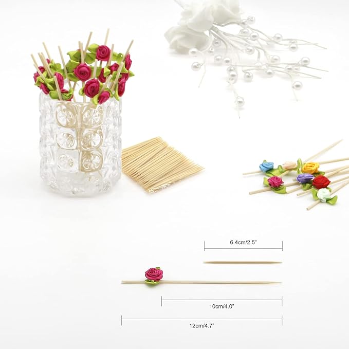 Minisland Hot Pink Rose Flower Cocktail Picks, 4.7 Inch Long Bamboo Fancy - Image 2