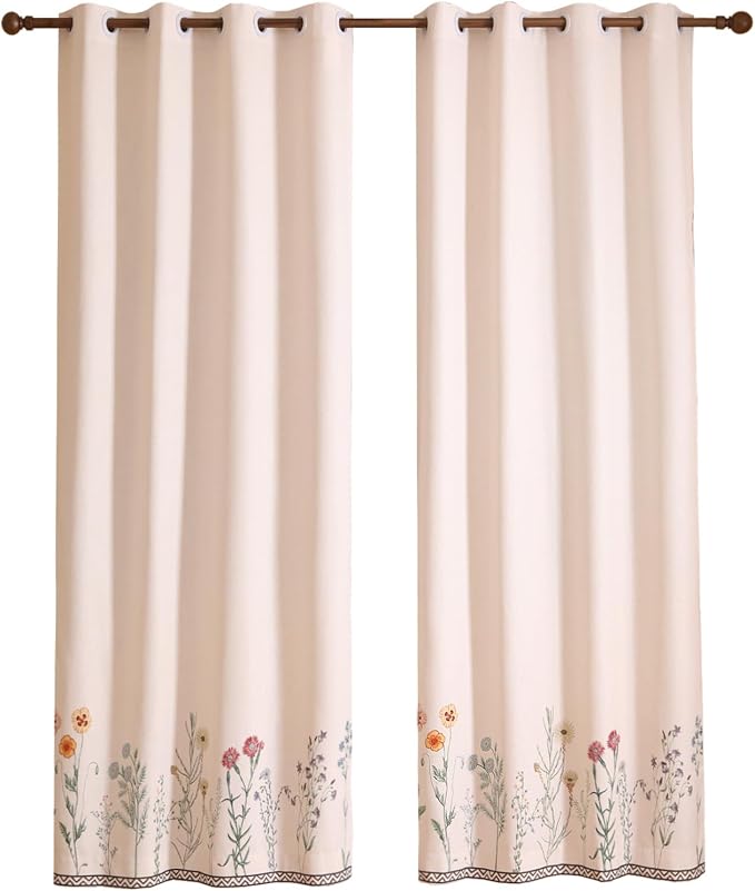 Designer French Linen Printed Curtain, 2 Panels, Light Beige Decor Draps - Image 4