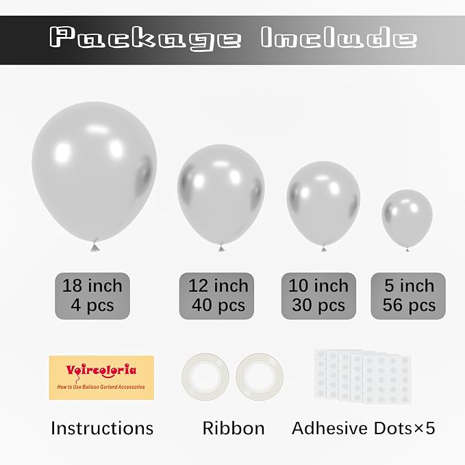 Voircoloria 130pcs Metallic Silver Balloons Arch Kit, 18 12 10 5 Inch | - Image 2