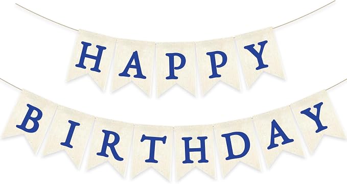 Blue Happy Birthday Banner Pre-strung Burlap Bunting Party Backdrop Sign by Unknown