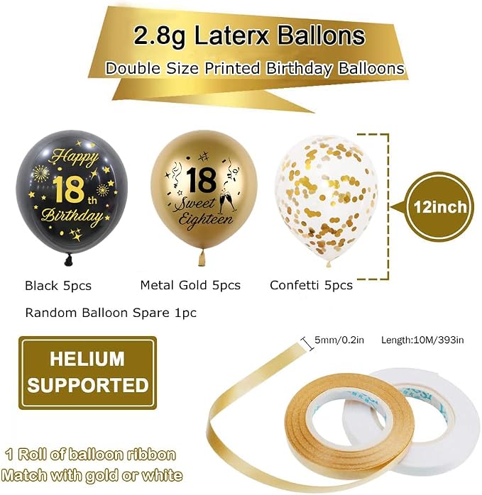 Black Gold 60th Birthday Balloons Pack of 15 Men Women Happy 60th Birthday - Image 2
