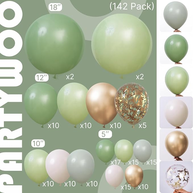 PartyWoo Sage Green Balloon Arch Kit 142pcs Dusty Boho Green Balloons | Olive - Image 2