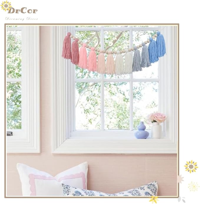 DrCor Pink & Blue Tassel Garland – Boho Nursery Decor | Preppy coastal yarn - Image 6