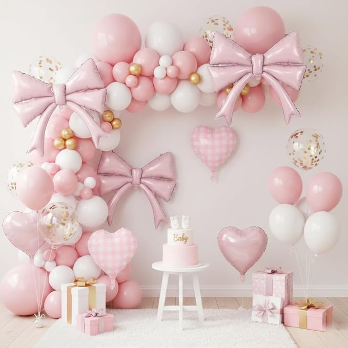 Pastel Pink Bow Balloons & Checkered Heart Foil Balloon Set, Coquette Birthday - Image 7