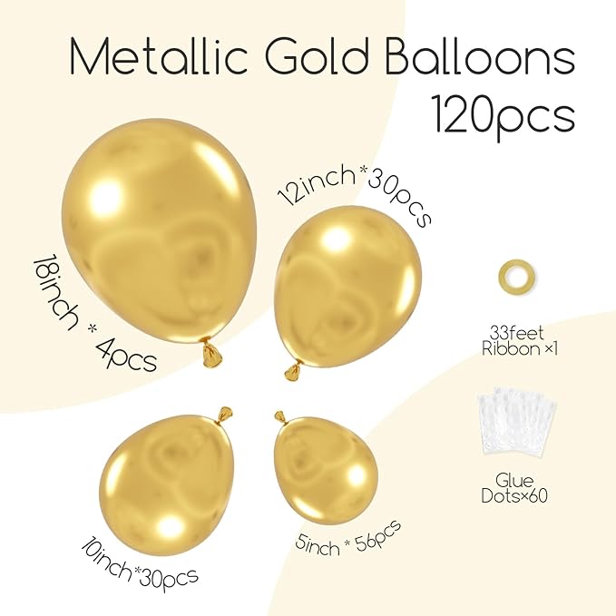 Awenztech 122pcs Metallic Gold Balloon Arch Kit, 18 12 10 5 inch Chrome Gold - Image 2