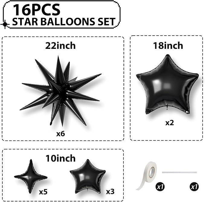 Black Star Balloons, 22/18/10 Inch Foil Balloons, Four-Pointed Balloon - Image 2