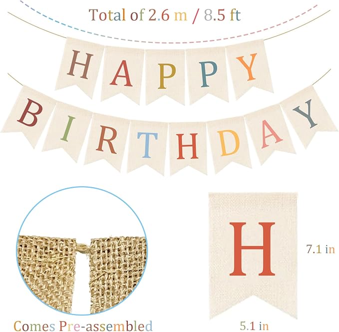 Happy Birthday Burlap Banner Boho Theme Garland White Bunting Bohemian Hanging - Image 3