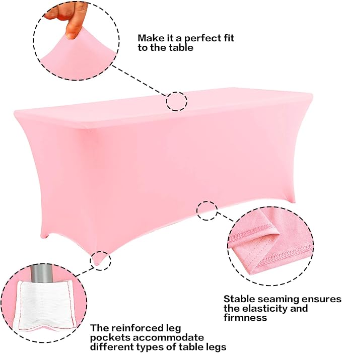 IVAPUPU 8FT Table Cloth for Rectangular Fitted Events Stretch Pink Table Covers Washable Cover Spandex Tablecloth Protector for Party, Wedding, Cocktail, Banquet, Festival
