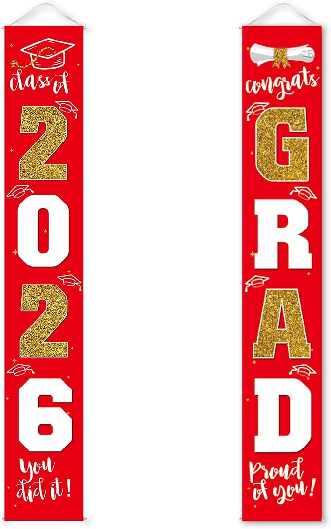Graduation Decorations 2026 Banner Porch Sign Red Gold by ATFUNSHOP