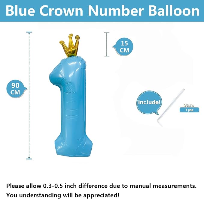 Blue Number 1 Balloon with Crown, 40 inch Blue Number Balloon 1st Birthday - Image 2