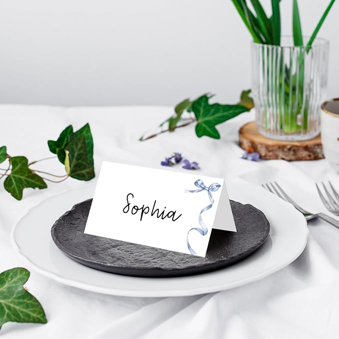 25 Pack Blue Bow Place Cards, Editable Name Cards for Table Setting, Tent Cards Food Label for Dinner Party, Bridal Shower, Wedding, Baby Shower and Events -T27